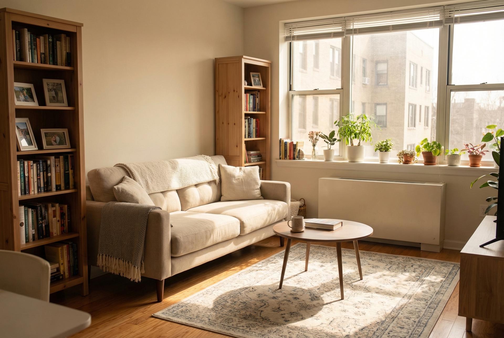 Interior de un apartamento acogedor con luz natural, representando la vivienda estable y normalizada del modelo Housing First