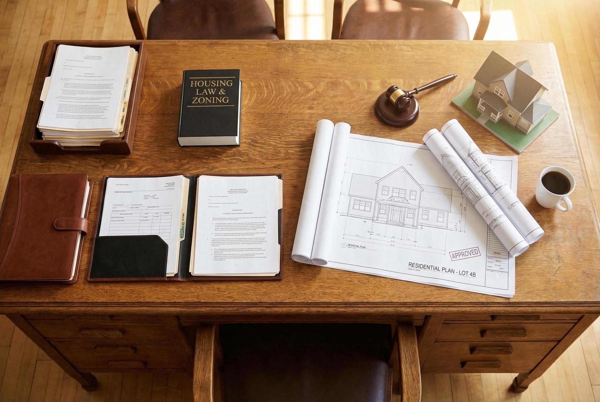 Documentos legales y planos arquitectónicos sobre una mesa de madera, representando el marco normativo y la planificación de vivienda