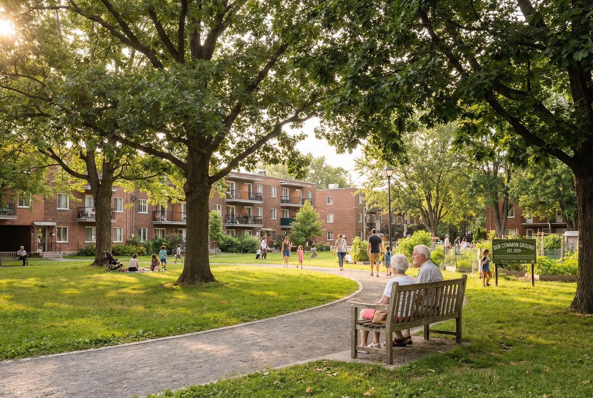 Paraje urbano tranquilo con banco y vegetación, representando la integración comunitaria y la calidad de vida