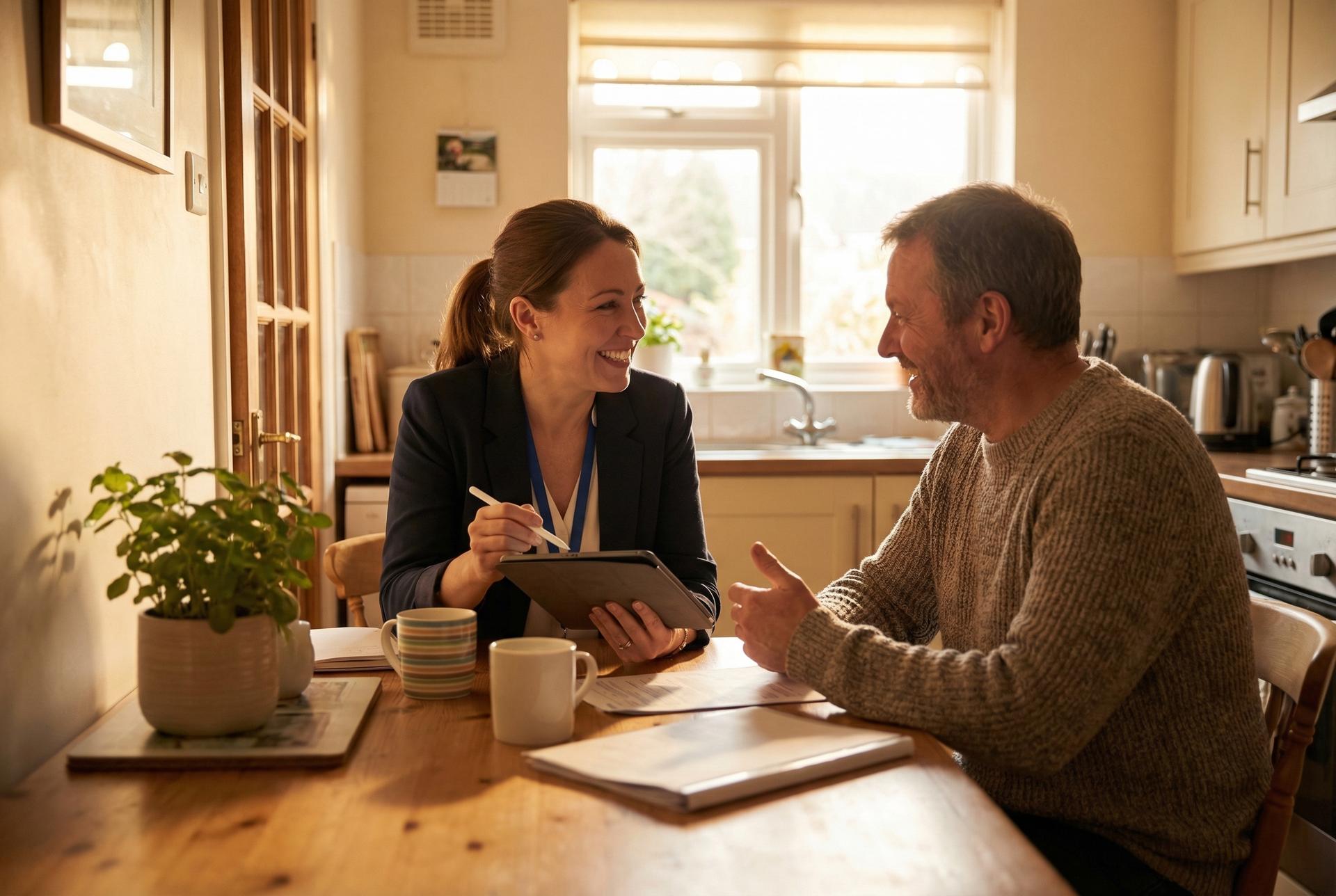 Profesional y persona conversando en una mesa de cocina, representando la visita domiciliaria y el acompañamiento