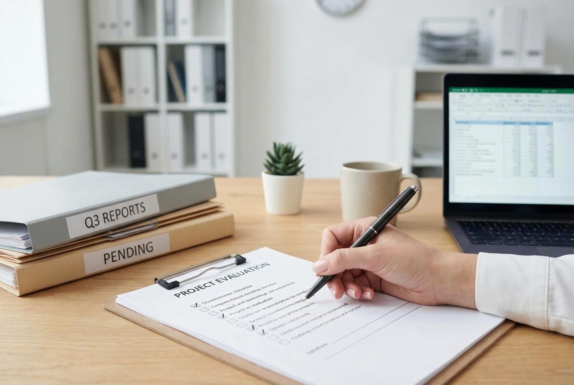 Mano escribiendo en una lista de verificación, representando la evaluación y el seguimiento de objetivos